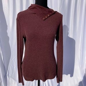 Enza Costa burgundy snap turtleneck or asymmetrical neck sweater, ribbed, Large